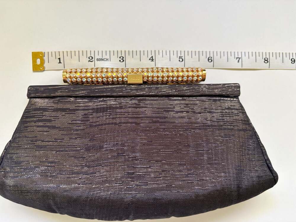 Vintage Rodo Italy Black Metallic Clutch with Jeweled Crystal Clasp and Chain - Picture 5 of 12